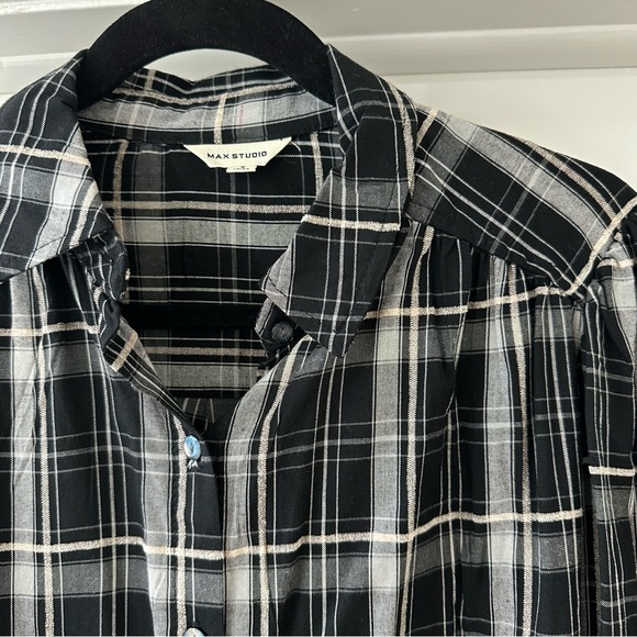 Max Studio Black & White Plaid Button Down Shirt with Ruffle Sleeves, Size Small - Picture 3 of 10